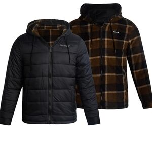 Hurley Mens Puffer Jacket Quilted Nylon to Plaid Fleece Lined Reversible NWT